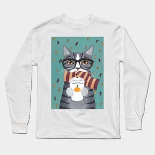 Grey Tabby Autumn Coffee Cat Long Sleeve T-Shirt